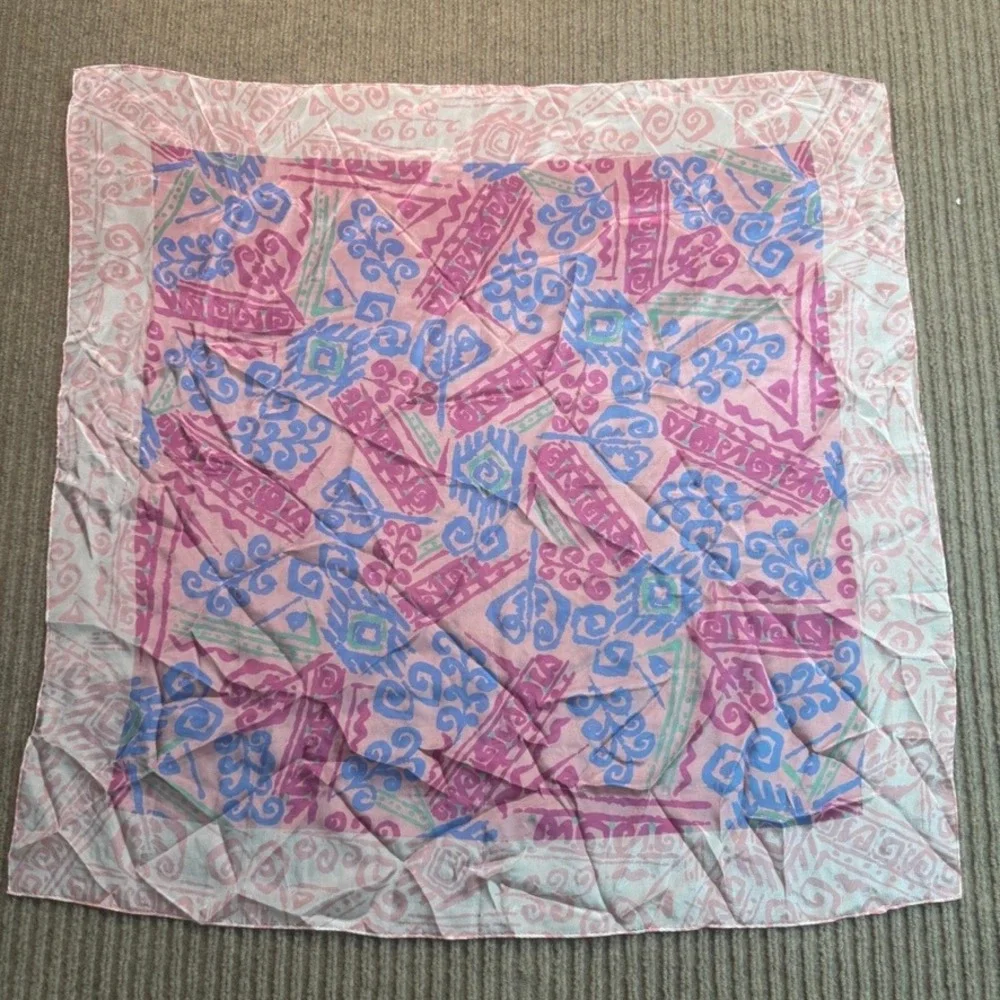 Vintage Pink Blue Abstract Geometric Tribal Print Square Silk Feel Scarf 30x30